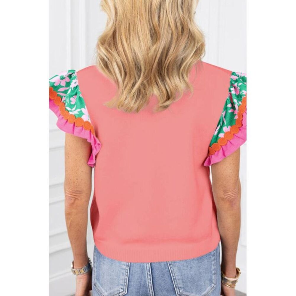 Everyday the Label Ruffled Round Neck Cap Sleeve Top Women Burnt Coral T-Shirts - Picture 3 of 5